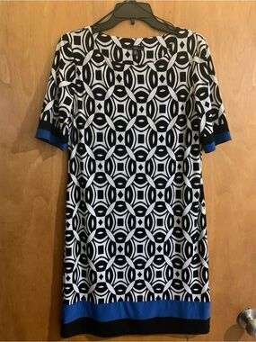 R&K Black and White Geometric Midi Dress with Blue Accents